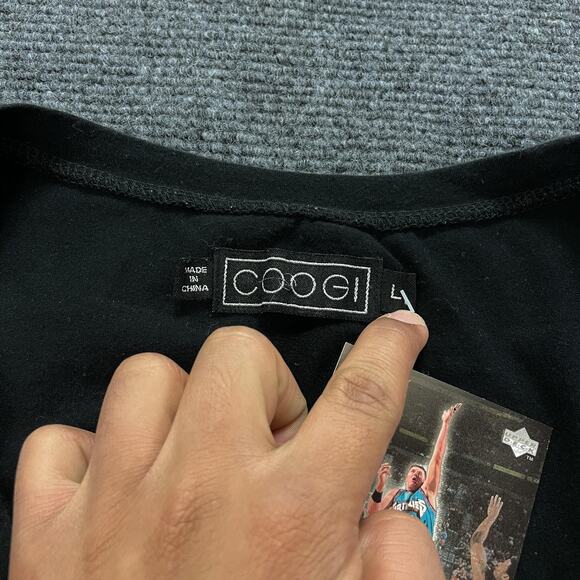 Coogi Shirt Womens Large Black V Neck Graphic Foil Script Butterfly Embellished - Picture 3 of 5